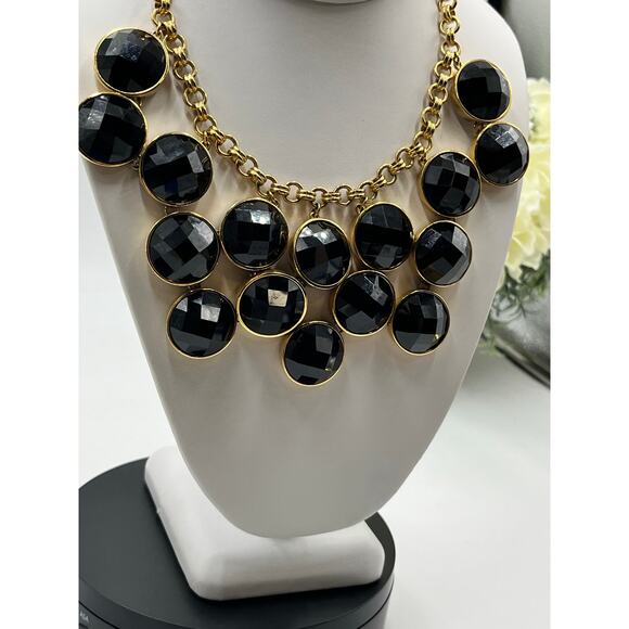 Kate Spade New York Connect Four Black Rhinestone Gold Statement Bib Necklace - Picture 2 of 14